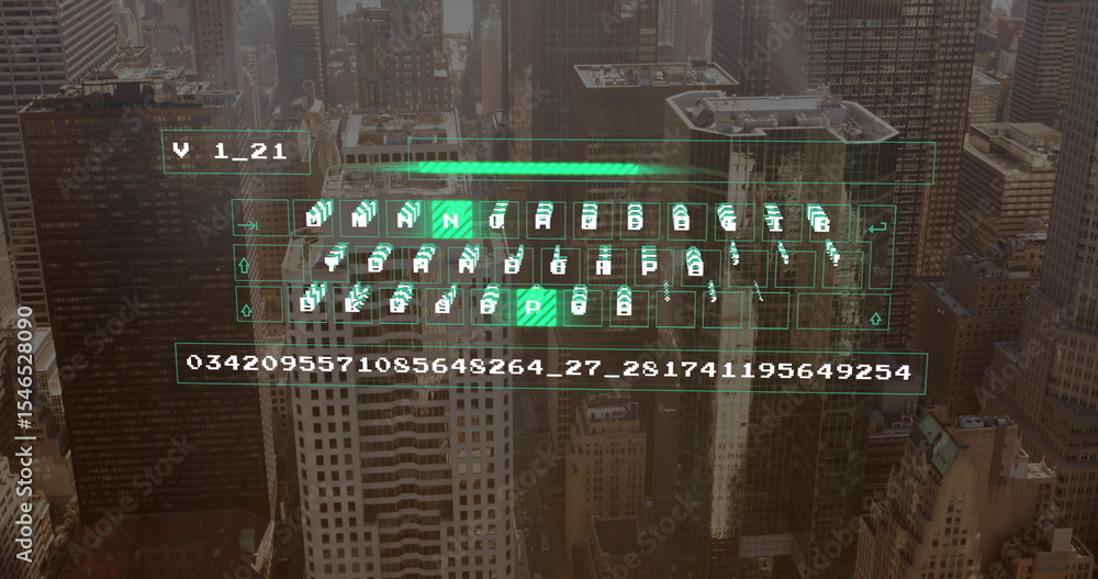 Poster floating green holographic keyboard with numeric code above downtown skyline, showing progress bar