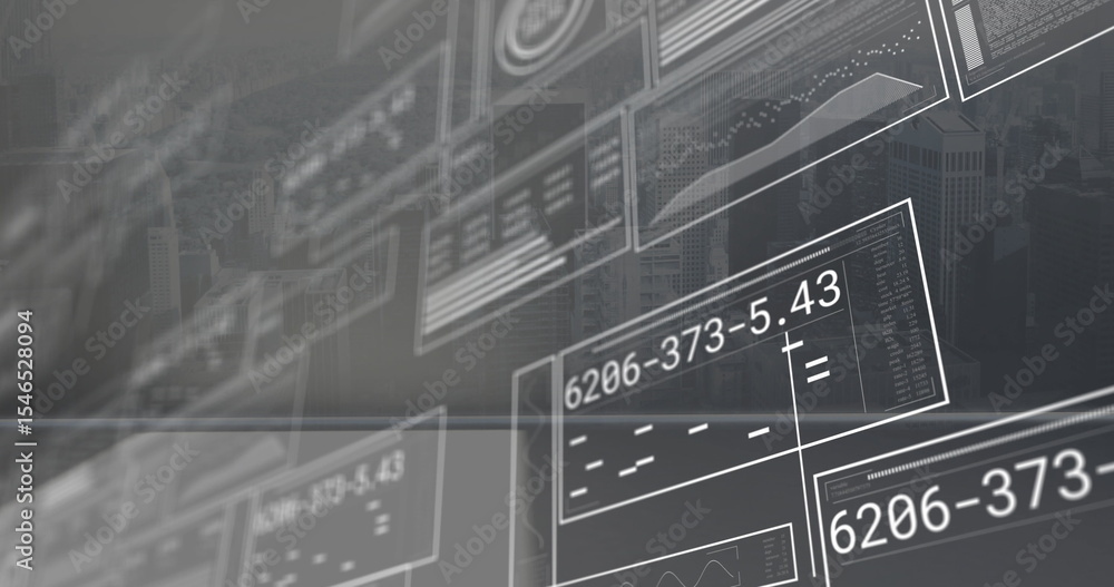 Poster displaying data panels showing alphanumeric codes, charts over urban skyline, with grid overlays