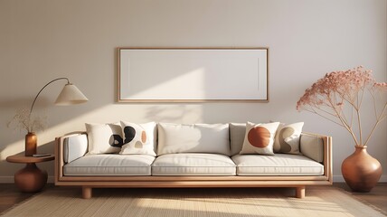 Modern living room interior design featuring a comfortable sofa and decorative elements