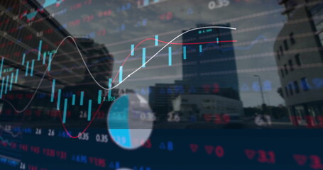 Overlaying faint financial chart over city street, with candlesticks trend line and numeric tickers