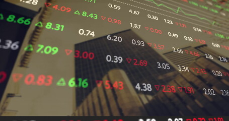 Showcasing glass skyscraper rising at financial district with floating ticker numbers, arrow icons