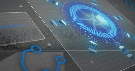 Displaying circular holographic radar over grid on dashboard, with city skyline and segmented rings