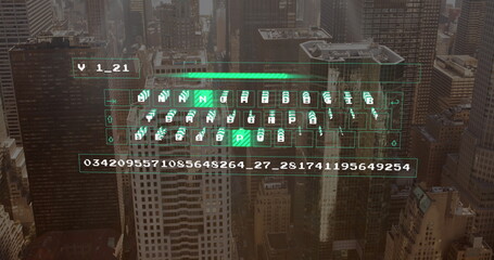 Floating green holographic keyboard with numeric code above downtown skyline, showing progress bar © vectorfusionart