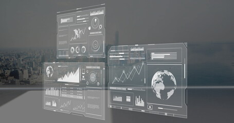 Floating translucent UI panels showing line charts, bar charts and rotating globe in control room