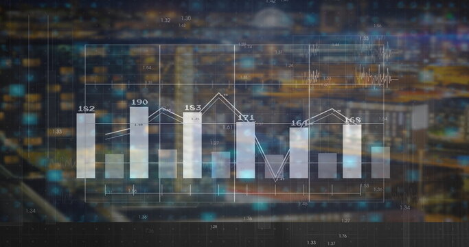 Displaying vertical bar chart over blurred city skyline, with numeric labels line graph grid lines