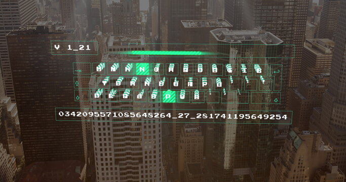 Floating green holographic keyboard with numeric code above downtown skyline, showing progress bar