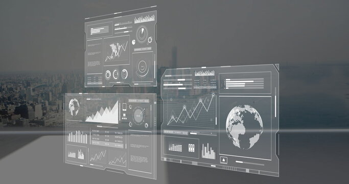Floating translucent UI panels showing line charts, bar charts and rotating globe in control room