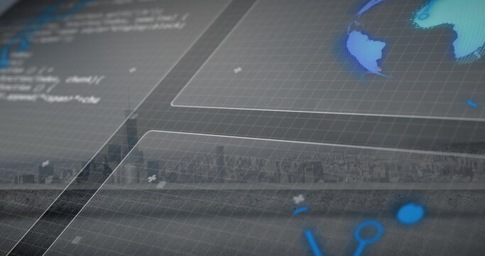 Floating digital interface over city skyline, showing grid, code snippets, blue world map and icons