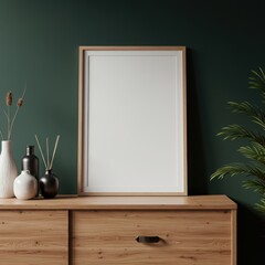 Stylish frame mockup on a wooden sideboard against a dark green wall