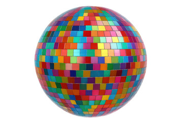 Obraz premium Spinning disco ball with vibrant colors reflecting multicolored light, creating festive party atmosphere on transparent background