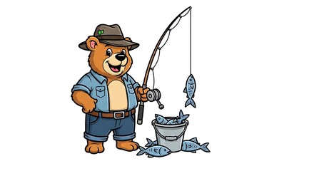 Cartoon bear fisherman with fishing rod, hat and bucket of fish, smiling and ready for adventure. On white background.