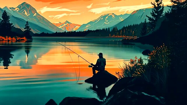 Peaceful angler by a serene lake at sunset