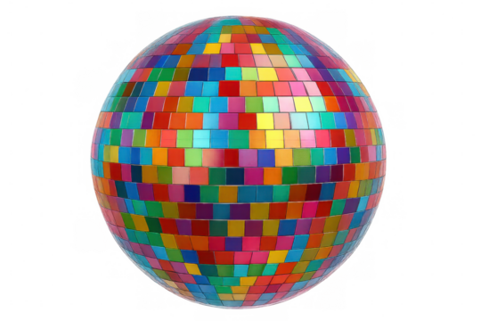Spinning disco ball with vibrant colors reflecting multicolored light, creating festive party atmosphere on transparent background