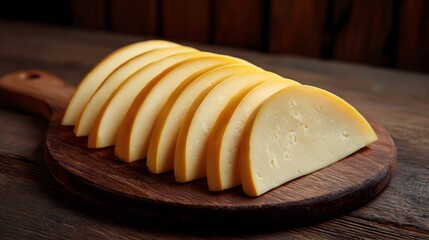Sliced smoked cheese arranged on a wooden cutting board for a rustic presentation