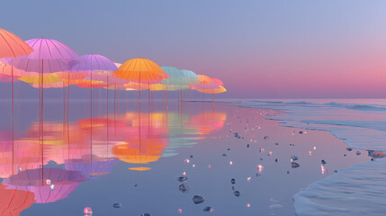 Surreal Pastel Beach with Floating Umbrellas at Sunset