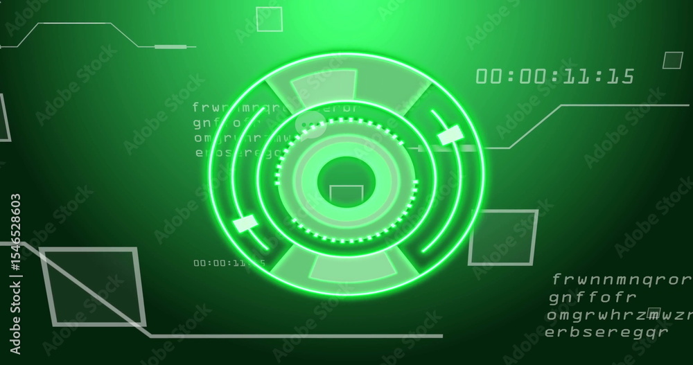 Poster displaying glowing green circular interface on control panel, with timecode, text strings and lines