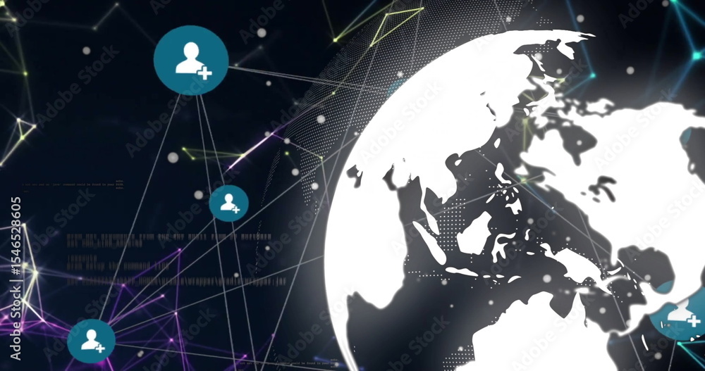 Poster displaying white stylized globe overlapping glowing mesh network, with teal node icons, copy space