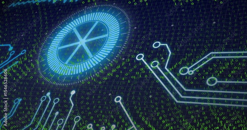 Aufkleber glowing circular hud element rotating on grid in digital space, with binary code and circuit traces