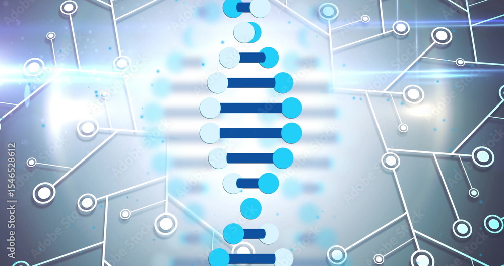 Poster displaying abstract dna helix forming on network display with nodes, lines and light flares