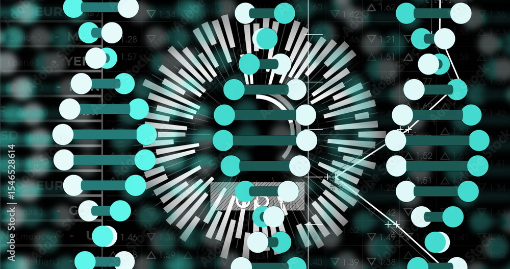 Poster displaying radial bars fanning outward on interface showing dna helix, numeric data connector lines
