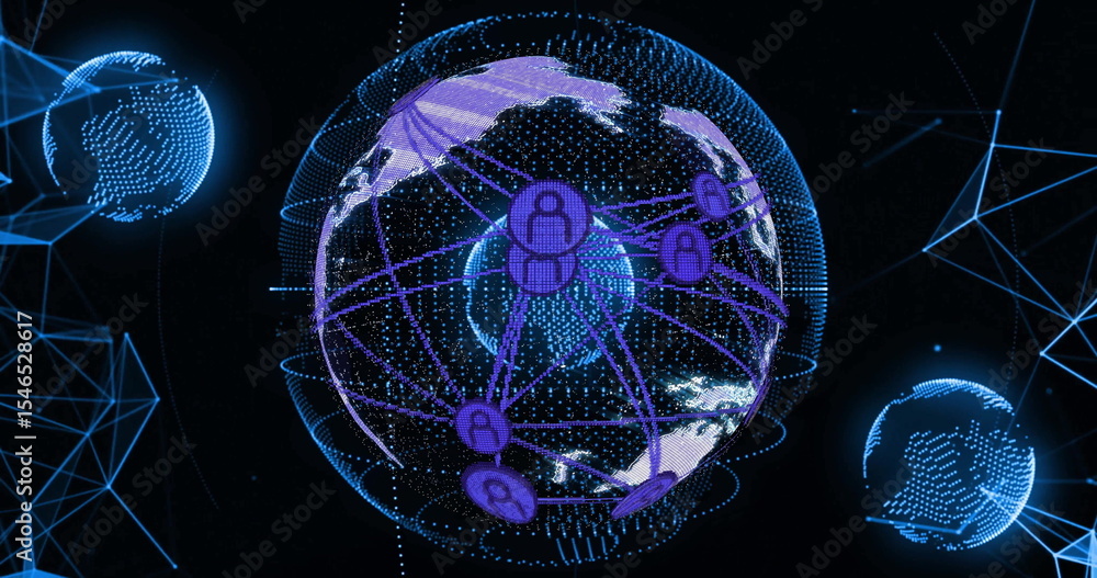 Poster rotating digital globe forming network links in cyberspace, with user icons and satellite spheres
