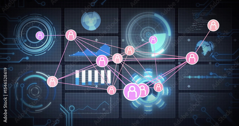 Poster displaying networked user silhouettes connecting across dashboard, with data charts, globe map, hud
