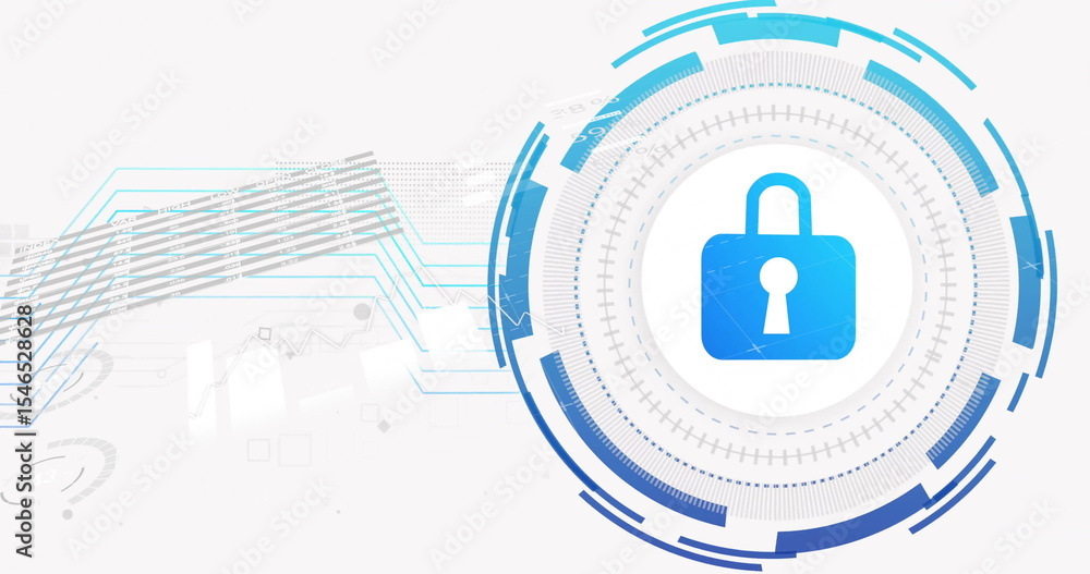 Poster blue padlock icon orbiting in digital interface, with circuit and data lines and shapes, copy space