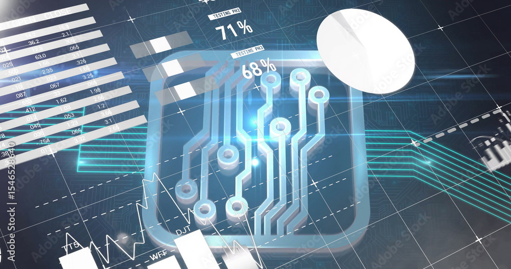Aufkleber displaying stylized microchip icon extending circuit traces on dark grid, with bar and pie charts