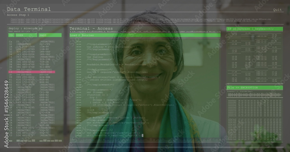 Poster mature indian woman monitoring code snippets in office workspace, with translucent display panels