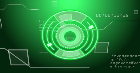 Displaying glowing green circular interface on control panel, with timecode, text strings and lines
