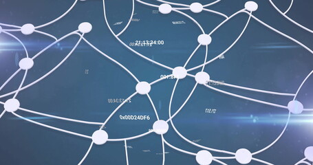 Displaying network with white circular nodes linked by lines in digital interface, floating codes