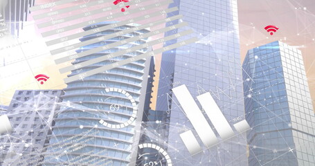 Merging glass towers at street level with charts, index table, gauge and network lines, Wi-Fi icons