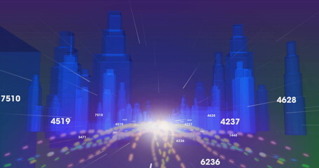Showing clear blue towers in cyberspace, neon trails, numeric labels, central glow, radiant streaks