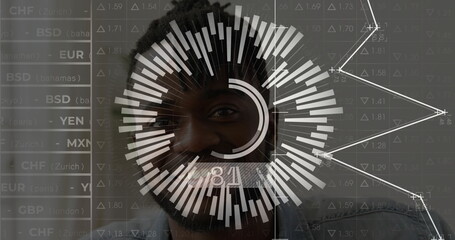 Analyzing data, man wearing denim shirt viewing radial bar chart and currency codes in office