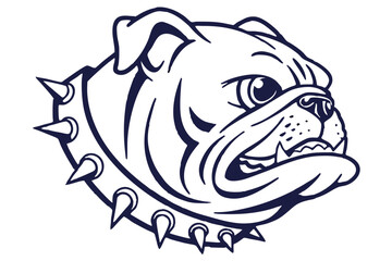 Detailed line art shows an aggressive bulldog face with a spiked collar in blue