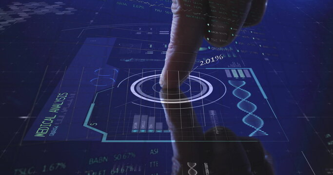 Pressing adult male index finger projecting medical hologram interface in lab, with data overlays