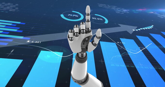 Reaching robotic hand interacting with virtual data display with bar charts arrow line graph