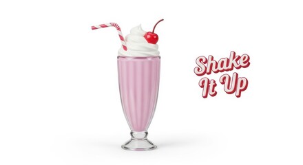 Pink milkshake with cherry and whipped cream isolated on white background