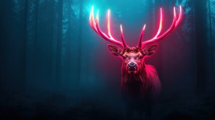 A striking deer with luminous pink antlers stands in a foggy forest, blending fantasy with nature, creating an atmosphere of enchantment and intrigue in a beautifully dark setting.