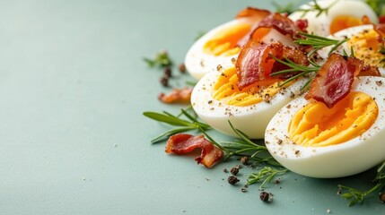 An appetizing arrangement of bacon and perfectly cooked boiled eggs is artistically presented, conveying the inviting appeal of a hearty breakfast meal.