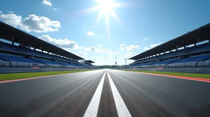 Obraz premium Empty Grand Prix Race Track Under Sunny Blue Sky, Racing Asphalt, Stadium Seating, Motorsports Venue, Clear Day, Outdoor Competition
