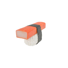 A piece of sushi featuring a rice base topped with a pink imitation crab stick, wrapped with seaweed.