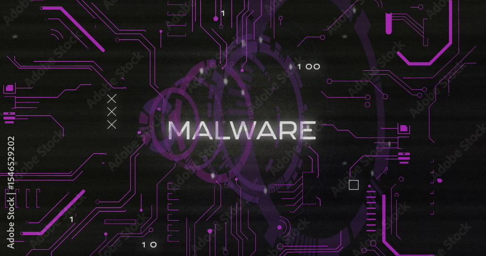 Poster displaying white malware text flashing on cyber screen, with purple circuitry, rings, binary digits