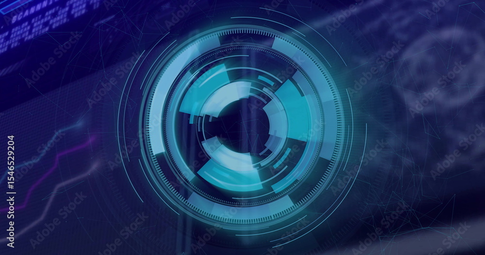 Poster rotating cyan digital interface glowing over control-panel, with concentric rings and line graphs