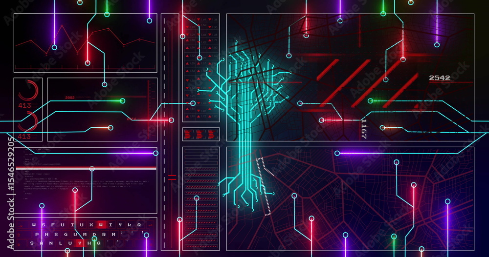 Poster displaying glowing turquoise network diagram in dashboard with neon circuit paths and numeric codes