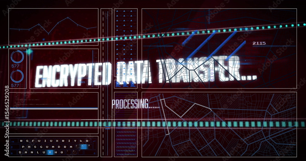 Poster displaying status text panel processing encrypted transfer on computer monitor, with progress bars