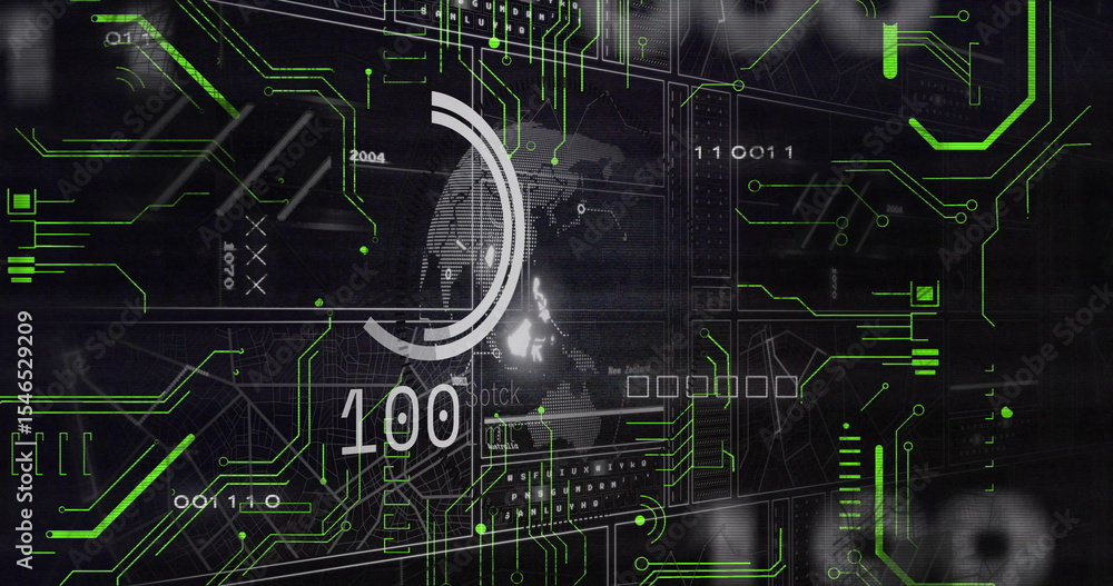Poster displaying circular gauge reading 100 on screen over world map grid, with green circuit traces