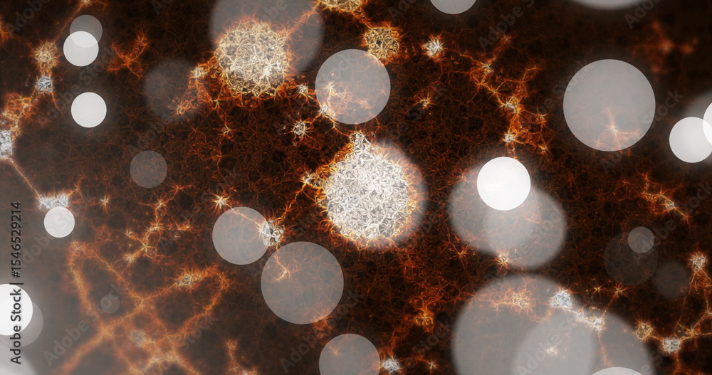 Poster radiating fractal cluster pulsing in display, with orange filaments and bokeh sparks