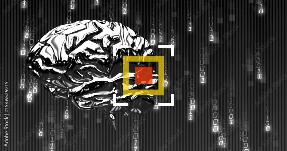Poster floating metallic human brain glowing in binary stream, white brackets, yellow frame and red square