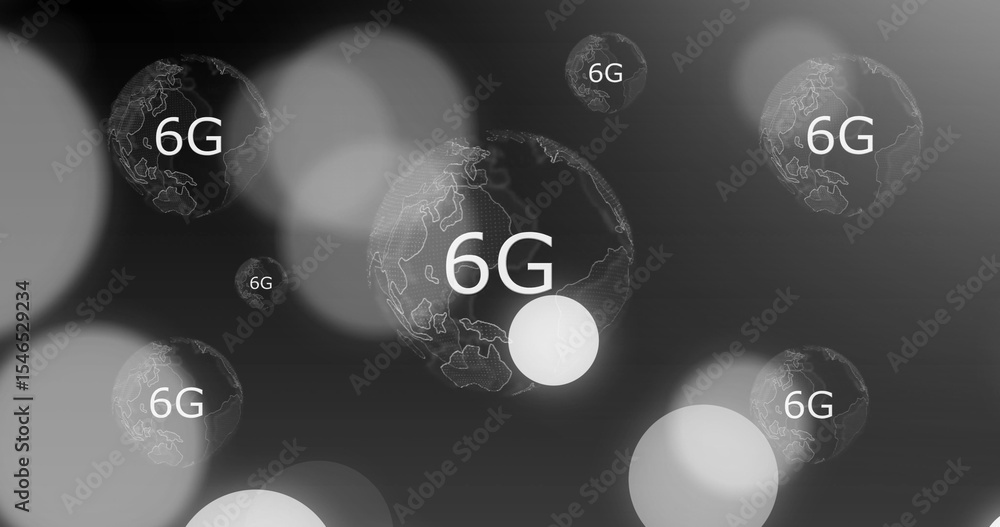 Poster floating transparent globe spheres drifting in digital interface, with 6g network and bokeh lights